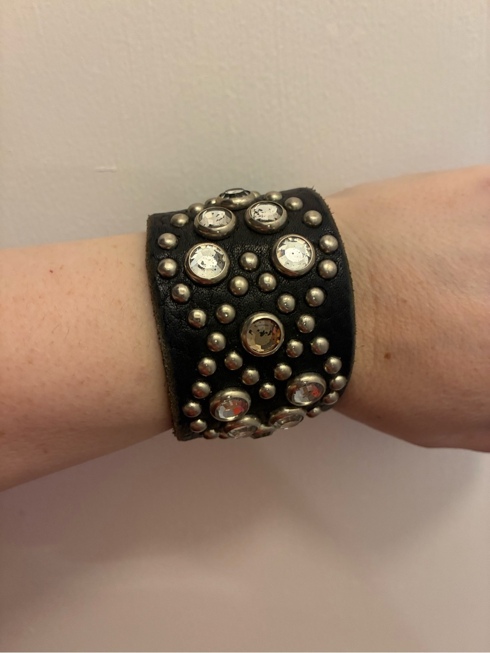 Brown Studded Leather Cuff Bracelet with Crystal Accents